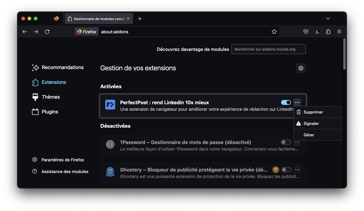 Firefox - supprimer perfectpost